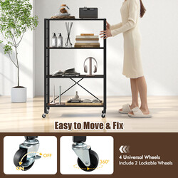 Vikbar förvaringshylla med hjul och justerbara hyllplan i rustikt brunt och svart