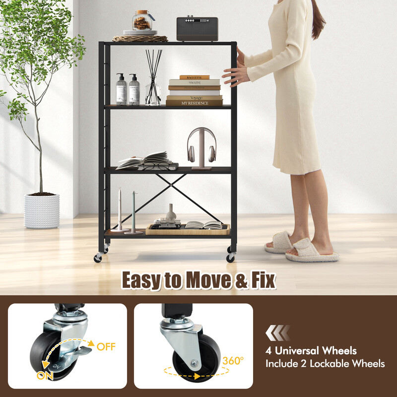 Vikbar förvaringshylla med hjul och justerbara hyllplan i rustikt brunt och svart