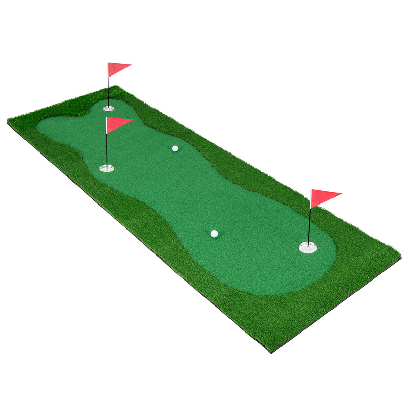 Golfputtmatta 300 x 150 cm med konstgräs och tre hål för träning hemma