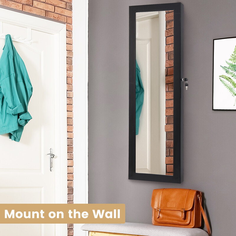 Smyckeskåp med spegel och LED-belysning för säker och elegant förvaring i sovrummet