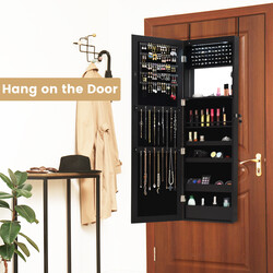 Smyckeskåp med spegel och LED-belysning för säker och elegant förvaring i sovrummet