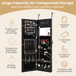 Smyckeskåp med spegel och LED-belysning för säker och elegant förvaring i sovrummet