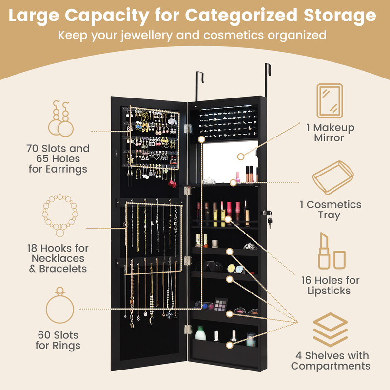 Smyckeskåp med spegel och LED-belysning för säker och elegant förvaring i sovrummet