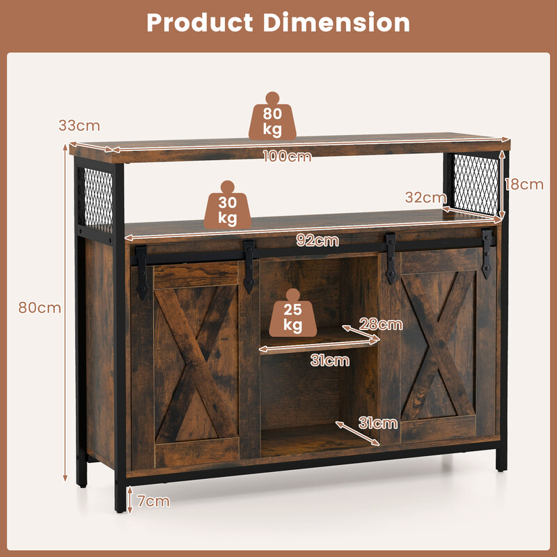 Buffetskåp med justerbara hyllor, skjutdörrar och lantlig stil för praktisk förvaring