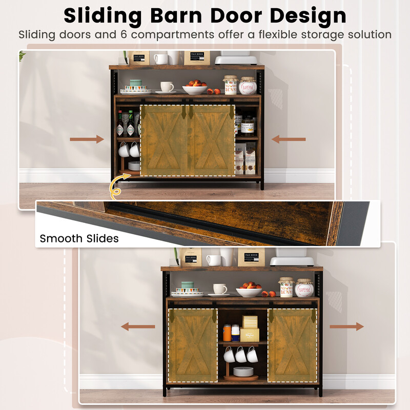 Buffetskåp med justerbara hyllor, skjutdörrar och lantlig stil för praktisk förvaring