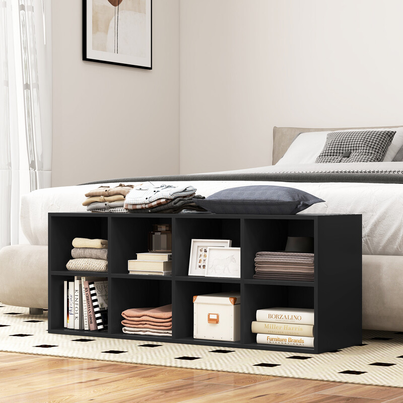 Svart skobänk med sittplats och 8 fack, hållbar upp till 230 kg