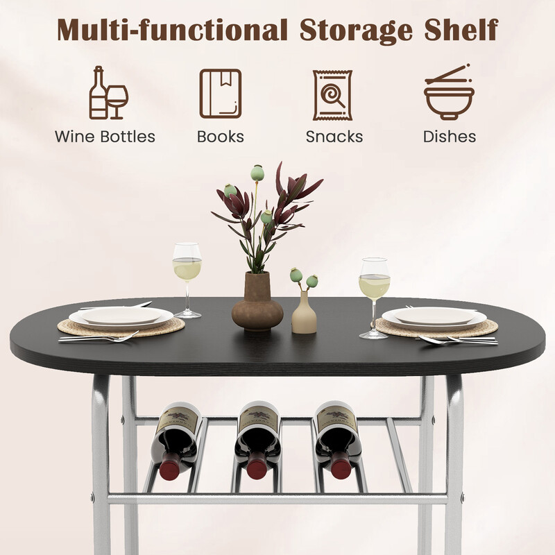 Matgrupp med bord och stolar för små utrymmen, inklusive vinhylla, brun och svart