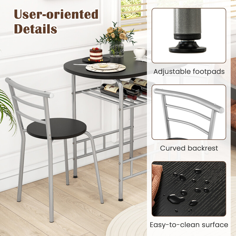 Matgrupp med bord och stolar för små utrymmen, inklusive vinhylla, brun och svart