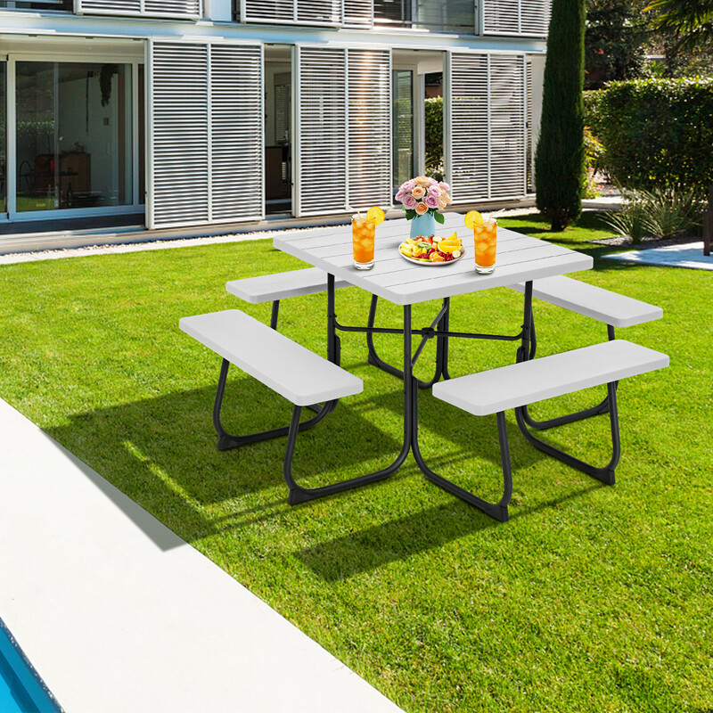 Runt picknickbord med 4 bänkar och parasollhål för 8 personer, vit, hållbar design