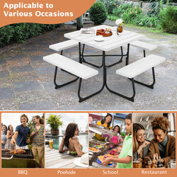 Runt picknickbord med 4 bänkar och parasollhål för 8 personer, vit, hållbar design