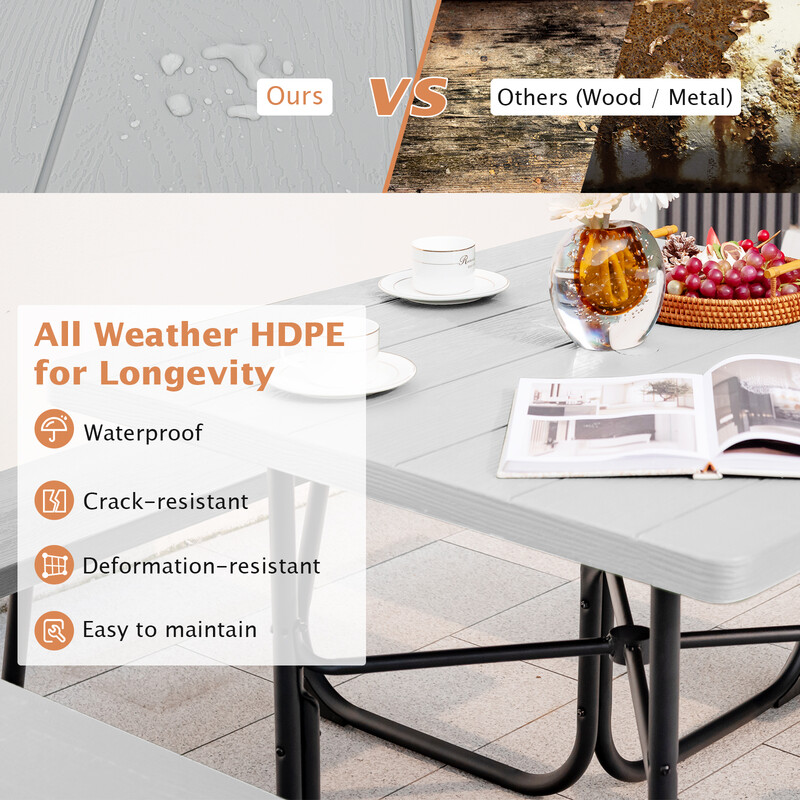 Runt picknickbord med 4 bänkar och parasollhål för 8 personer, grått och hållbart