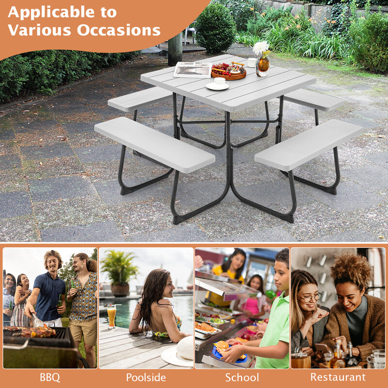 Runt picknickbord med 4 bänkar och parasollhål för 8 personer, grått och hållbart