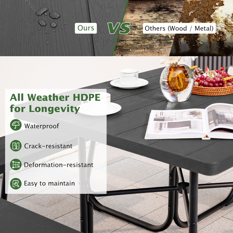 Runt picknickbord med 4 bänkar och parasollhål för 8 personer, svart campingbord