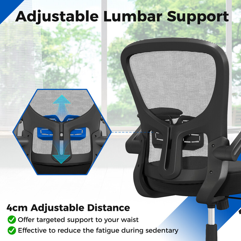 Ergonomisk kontorsstol med justerbart svankstöd och uppfällbara armstöd för optimal komfort