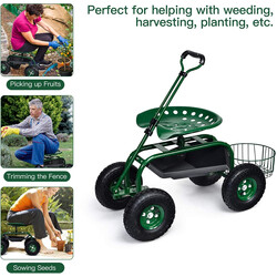 Trädgårdsvagn med justerbart handtag och förvaring, ergonomiskt säte, grön metallram