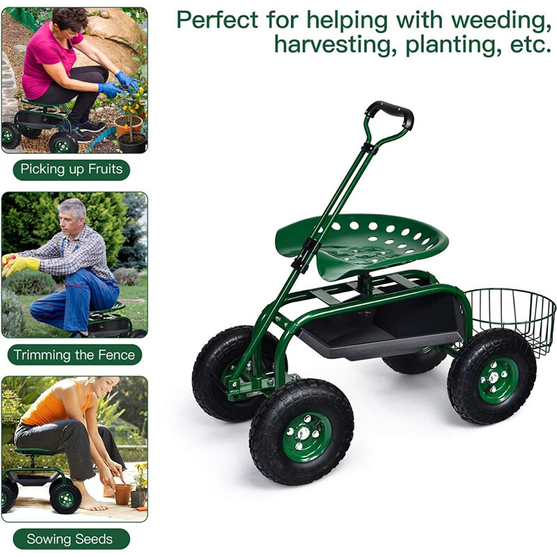 Trädgårdsvagn med justerbart handtag och förvaring, ergonomiskt säte, grön metallram