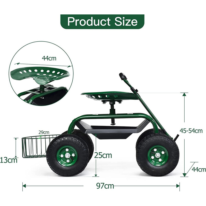 Trädgårdsvagn med justerbart handtag och förvaring, ergonomiskt säte, grön metallram