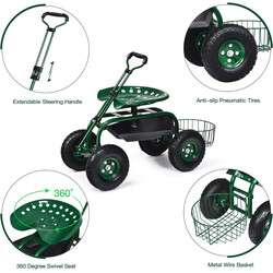 Trädgårdsvagn med justerbart handtag och förvaring, ergonomiskt säte, grön metallram