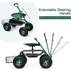 Trädgårdsvagn med justerbart handtag och förvaring, ergonomiskt säte, grön metallram