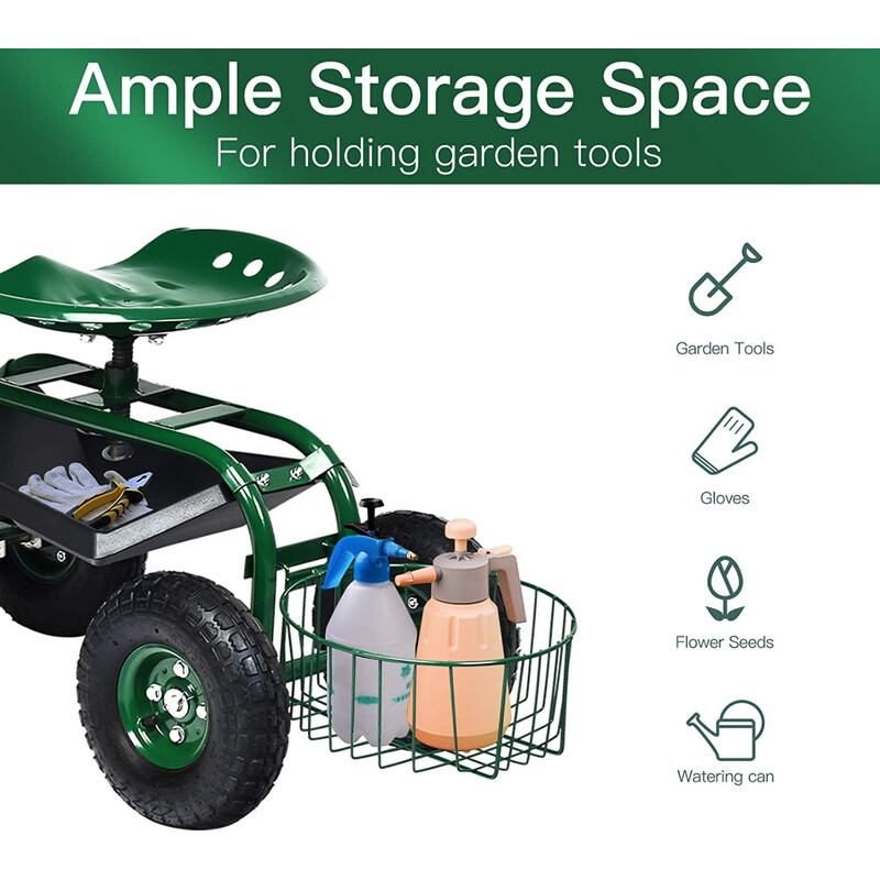 Trädgårdsvagn med justerbart handtag och förvaring, ergonomiskt säte, grön metallram
