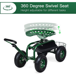 Trädgårdsvagn med justerbart handtag och förvaring, ergonomiskt säte, grön metallram