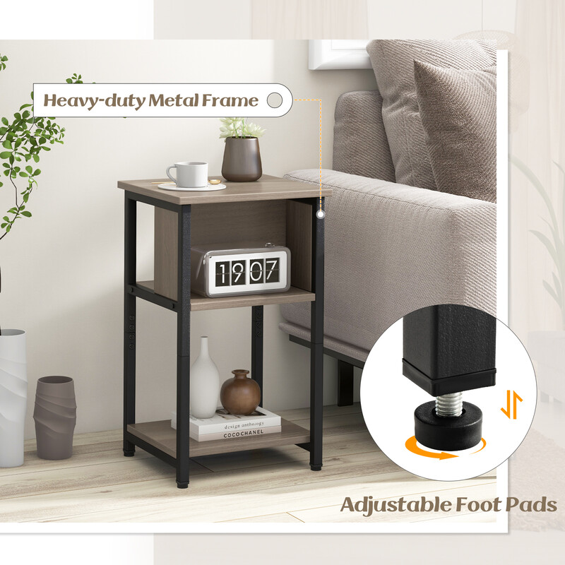 Sängbord med justerbara fötter och USB-port, grått sidobord med tre nivåer