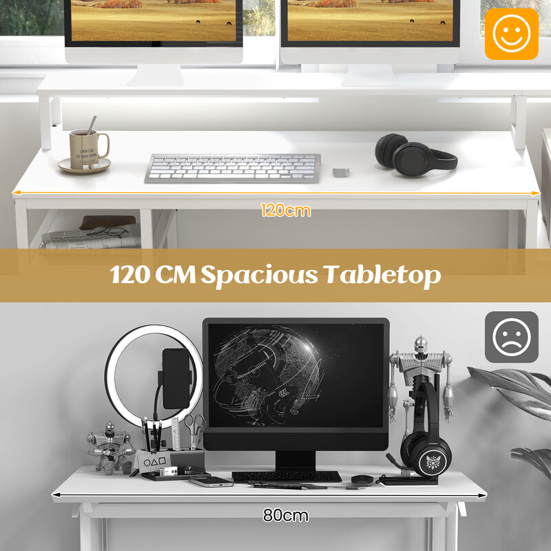 Skrivbord med skärmstativ, skrivarskåp och CPU-hållare i vit MDF och metall