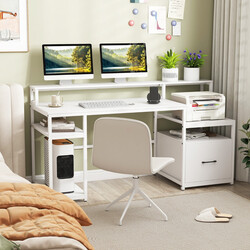 Skrivbord med skärmstativ, skrivarskåp och CPU-hållare i vit MDF och metall