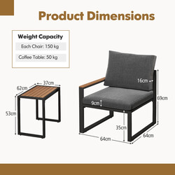 Väderbeständigt trädgårdsmöbelset med aluminiumram och mjuka kuddar för balkong, 2 stolar och bord