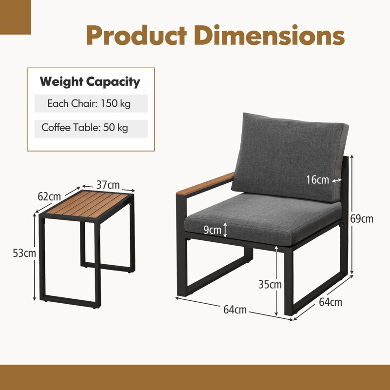 Väderbeständigt trädgårdsmöbelset med aluminiumram och mjuka kuddar för balkong, 2 stolar och bord