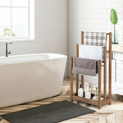 Fristående handdukshållare i trä med tre nivåer och förvaringshylla brun