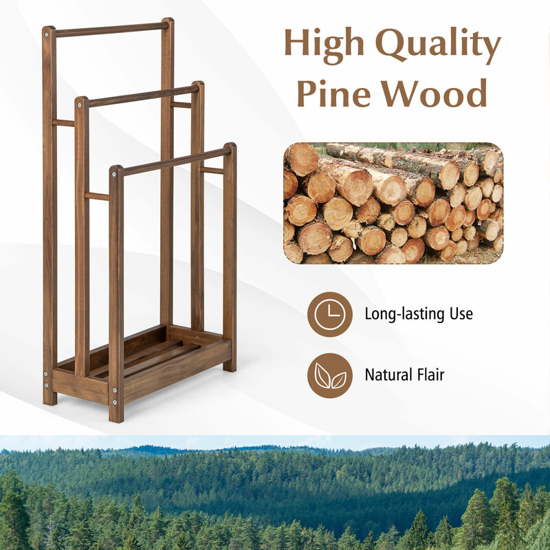 Fristående handdukshållare i trä med tre nivåer och förvaringshylla brun