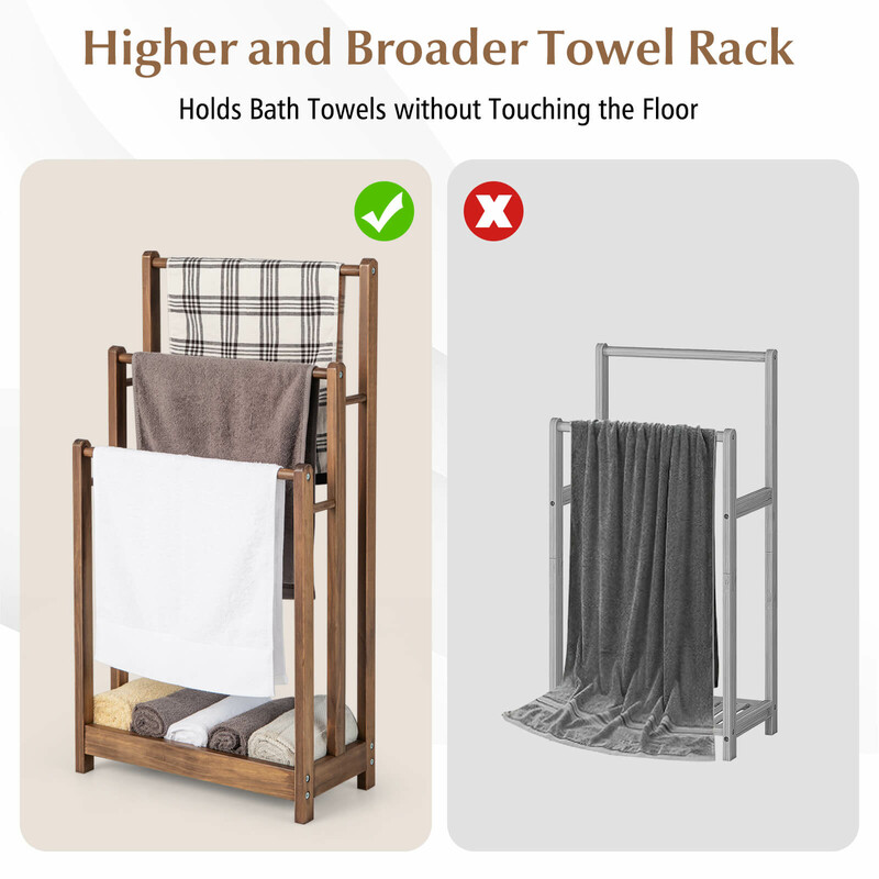 Fristående handdukshållare i trä med tre nivåer och förvaringshylla brun