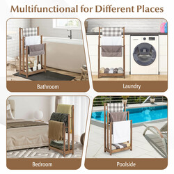 Fristående handdukshållare i trä med tre nivåer och förvaringshylla brun