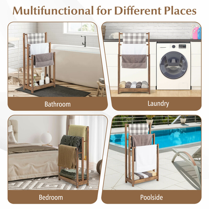 Fristående handdukshållare i trä med tre nivåer och förvaringshylla brun