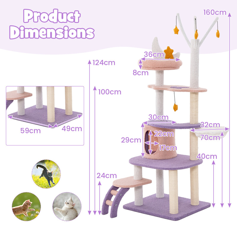 Kattträd med klätterställning, hängmatta och leksaker i purpur och rosa