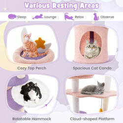 Kattträd med klätterställning, hängmatta och leksaker i purpur och rosa