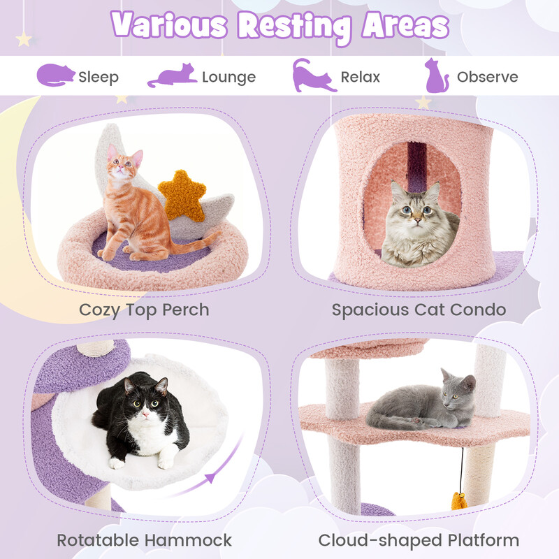 Kattträd med klätterställning, hängmatta och leksaker i purpur och rosa