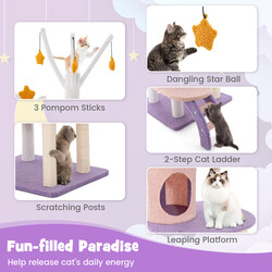 Kattträd med klätterställning, hängmatta och leksaker i purpur och rosa