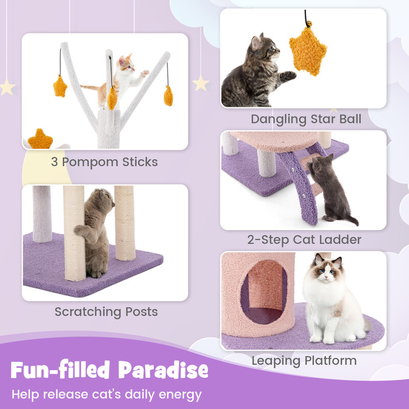 Kattträd med klätterställning, hängmatta och leksaker i purpur och rosa
