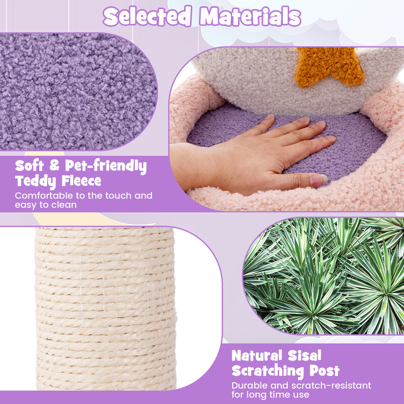 Kattträd med klätterställning, hängmatta och leksaker i purpur och rosa