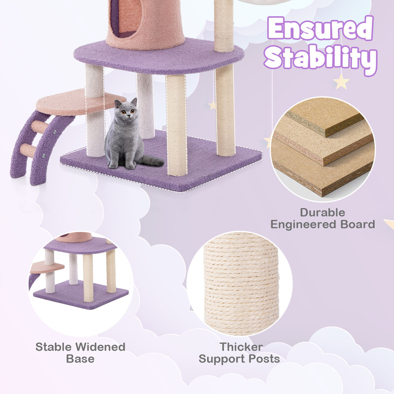 Kattträd med klätterställning, hängmatta och leksaker i purpur och rosa