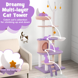 Kattträd med klätterställning, hängmatta och leksaker i purpur och rosa