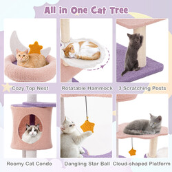 Klätterträd för katter med bohåla, hängmatta och leksak i lila och rosa