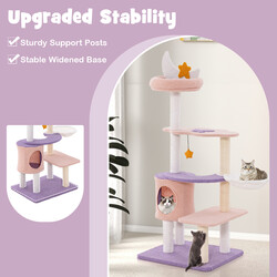 Klätterträd för katter med bohåla, hängmatta och leksak i lila och rosa