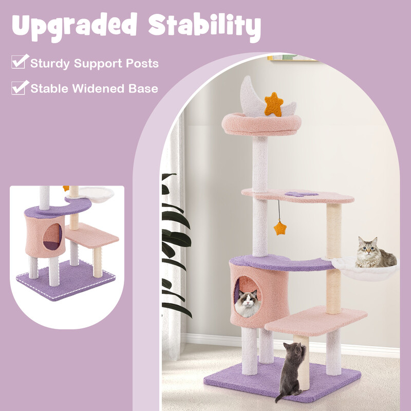 Klätterträd för katter med bohåla, hängmatta och leksak i lila och rosa