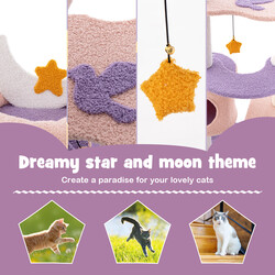 Klätterträd för katter med bohåla, hängmatta och leksak i lila och rosa