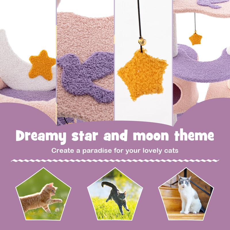 Klätterträd för katter med bohåla, hängmatta och leksak i lila och rosa