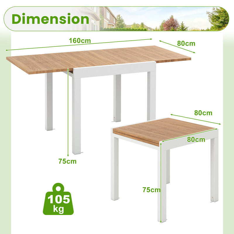 Utdragbart matbord i aluminium för trädgård och uteplats, väderbeständigt och stilrent designat.