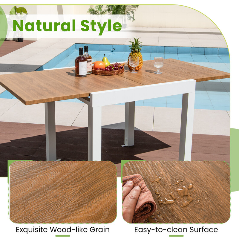 Utdragbart matbord i aluminium för trädgård och uteplats, väderbeständigt och stilrent designat.